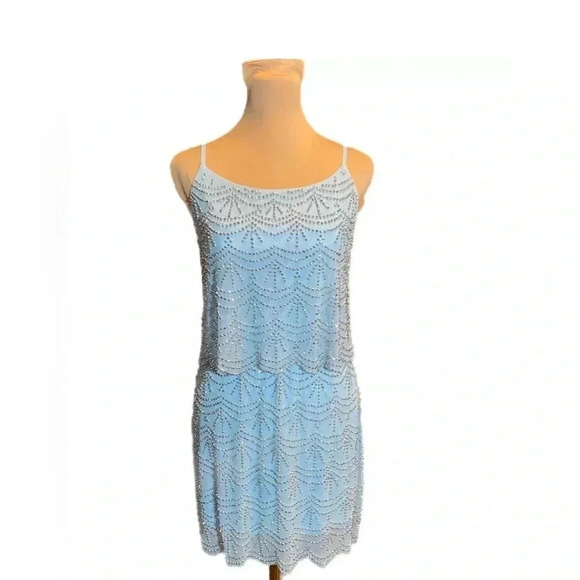 Xscape Rhinestone Beaded Tiered Formal Mini Dress Light Aqua Prom Homecoming 2 - Picture 4 of 16